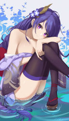Rule 34 | absurdres, arm on knee, bare shoulders, blue background, braid, breasts, cleavage, collarbone, cowboy shot, expressionless, flower, genshin impact, hair flower, hair ornament, head on arm, head rest, highres, japanese clothes, kimono, knees together feet apart, long hair, looking at viewer, low-braided long hair, low-tied long hair, medium breasts, mole, mole under eye, off shoulder, okobo, partially undressed, print kimono, purple eyes, purple flower, purple hair, purple kimono, purple thighhighs, raiden shogun, ripples, sandals, sideboob, silhouette, sitting, solo, tabi, thighhighs, thighs, tomoe (symbol), very long hair, w-t, water, white background