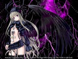 Rule 34 | 1girl, black background, black bow, black ribbon, black skirt, black theme, black thighhighs, bow, breasts, chain, cowboy shot, cross, cross necklace, english text, feathered wings, feathers, flat chest, flower, frilled skirt, frilled thighhighs, frills, goth fashion, gothic lolita, grey hair, hairband, jewelry, lace, latin cross, lightning, lolita fashion, lolita hairband, long hair, long sleeves, midriff, miniskirt, nail polish, navel, necklace, no bra, puffy sleeves, purple eyes, purple flower, purple lightning, purple nails, purple rose, revealing clothes, ribbon, rose, skirt, skull, skull necklace, small breasts, solo, standing, thighhighs, underboob, very long hair, watermark, wings