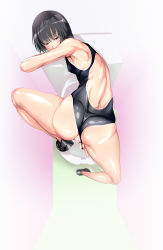Rule 34 | 1girl, amagami, ass, black eyes, black hair, breasts, clothing aside, competition swimsuit, covered erect nipples, from above, highres, looking back, nanasaki ai, one-piece swimsuit, presenting, pussy, shino (comic penguin club), short hair, small breasts, solo, swimsuit, swimsuit aside, toilet, uncensored
