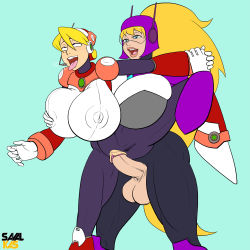 Rule 34 | 2girls, alia (mega man), arm behind back, arm grab, blonde hair, blue eyes, grabbing another&#039;s breast, breasts, clothed sex, clothes, futa with female, futanari, grabbing, grabbing from behind, highres, huge breasts, huge penis, large breasts, long hair, mega man (series), mega man x (series), multiple girls, open mouth, penis, ponytail, pussy, savalkas, sex, sex from behind, testicles, tongue, tongue out, vaginal