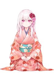 Rule 34 | 1girl, absurdres, blush, breasts, closed mouth, eyebrows hidden by hair, floral print, full body, hair between eyes, hair ornament, hairclip, highres, hijouguti, japanese clothes, kimono, long hair, long sleeves, looking at viewer, medium breasts, nail polish, nijisanji, obi, own hands together, pink eyes, pink kimono, pink nails, print kimono, sash, seiza, shiina yuika, simple background, sitting, smile, solo, transparent background, virtual youtuber, white background, white hair, wide sleeves