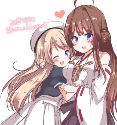 Rule 34 | 2girls, ahoge, alternate hairstyle, beret, blonde hair, blue eyes, blush, breasts, brown hair, dated, gloves, hat, jervis (kancolle), kantai collection, kongou (kancolle), long hair, medium breasts, multiple girls, one-hour drawing challenge, one eye closed, open mouth, sakura romu, school uniform, short sleeves, simple background, twitter username, white background, white gloves
