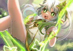 Rule 34 | 1girl, :d, ass, bloomers, blurry, bracelet, cape, commentary request, depth of field, detached sleeves, dress, forest, genshin impact, gradient hair, green cape, green eyes, hair between eyes, hair ornament, highres, holding, hoshino mokuzu, jewelry, leaf hair ornament, leg up, long hair, looking at viewer, multicolored hair, nahida (genshin impact), nature, open mouth, outdoors, pointy ears, short dress, short sleeves, side ponytail, sidelocks, sitting, smile, solo, streaked hair, swing, symbol-shaped pupils, underwear, white bloomers, white dress, white hair