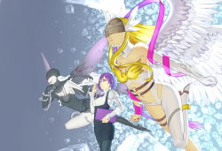 Rule 34 | 3girls, angel wings, angewomon, artist request, asymmetrical clothes, bad id, bad pixiv id, blonde hair, breasts, chain, covered eyes, demon girl, digimon, digimon (creature), digimon adventure, digimon story: cyber sleuth, digimon world re:digitize, dress, gradient background, head wings, helmet, highres, ladydevimon, long hair, mikagura mirei, multiple girls, nail polish, navel, purple eyes, purple hair, red eyes, wings