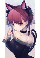 Rule 34 | 1girl, absurdres, adapted costume, animal ears, bare shoulders, black bow, black dress, blunt bangs, blush, bow, braid, breasts, cat ears, chromatic aberration, collar, collarbone, commentary request, dress, extra ears, frilled dress, frilled sleeves, frills, hand up, highres, hito komoru, huge filesize, kaenbyou rin, long sleeves, medium hair, multiple tails, nail polish, nekomata, outside border, red eyes, red hair, red nails, small breasts, solo, strapless, strapless dress, tail, touhou, twin braids, two tails, upper body