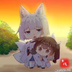 Rule 34 | 2girls, :&lt;, animal ear fluff, animal ears, artist logo, artist name, azur lane, blue eyes, blue hakama, blush, brown eyes, brown hair, carrying, carrying person, carrying under arm, closed mouth, commentary request, crossover, detached sleeves, fox ears, fox girl, fox tail, full body, hair between eyes, hakama, hakama short skirt, hakama skirt, historical name connection, japanese clothes, kaga (battleship) (azur lane), kaga (kancolle), kantai collection, kitsune, kyuubi, long hair, long sleeves, looking at viewer, multiple girls, multiple tails, name connection, partial commentary, revision, short hair, side ponytail, sidelocks, signature, simple background, skirt, standing, tail, taisa (kari), tasuki, thighhighs, twilight, twitter username, white hair, wide sleeves