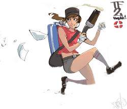 Rule 34 | 1girl, absostudio, bag, bandaged hand, bandages, baseball bat, belt, briefcase, brown hair, dog tags, flying paper, gender request, genderswap, gun, hat, headset, paper, ponytail, red scout (tf2), scout (tf2), shorts, smile, solo, team fortress 2, traditional media, weapon