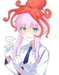 Rule 34 | ..., 1girl, animal, animal on head, blue archive, blue necktie, blush, collared jacket, gloves, green eyes, halo, highres, jacket, kaya (blue archive), long sleeves, necktie, octopus, on head, open mouth, pink hair, preste, simple background, solo, spoken ellipsis, upper body, white background, white gloves, white jacket, yellow halo