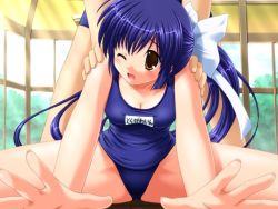 Rule 34 | 1girl, blue hair, chokotto vampire!, name tag, one-piece swimsuit, ribbon, school swimsuit, solo, stretching, swimsuit, tokugawain misao, yuyi