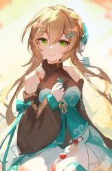 Rule 34 | 1girl, bare shoulders, black dress, blonde hair, closed mouth, clothing cutout, commentary, dress, green dress, green eyes, hair ornament, hairpin, highres, honkai: star rail, honkai (series), layered dress, long hair, long sleeves, looking at viewer, low twintails, qingque (honkai: star rail), shanshanziyu, shoulder cutout, signature, smile, solo, symbol-only commentary, turtleneck, twintails, upper body