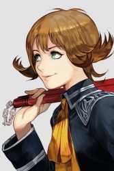 Rule 34 | 1girl, brown hair, closed mouth, final fantasy, final fantasy viii, flipped hair, green eyes, hungry clicker, nunchaku, school uniform, selphie tilmitt, short hair, simple background, smile, solo, weapon