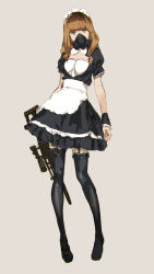Rule 34 | 1girl, brown eyes, facing viewer, frilled thighhighs, frills, garter straps, gas mask, gun, highres, maid, mask, original, simple background, sketch, so-bin, solo, thighhighs, weapon