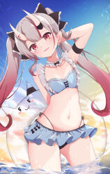 Rule 34 | 1girl, absurdres, bikini, bikini skirt, black bow, blue bikini, blush, bow, choker, cloud, earrings, fangs, flat chest, frilled bikini, frilled choker, frills, fumi (fumibeing), gradient hair, hair ornament, tucking hair, highres, hololive, horns, innertube, jewelry, long hair, looking at viewer, multicolored hair, nakiri ayame, nakiri ayame (hololive summer 2019), navel, ocean, oni, open mouth, outdoors, red eyes, red hair, shell, shell earrings, single earring, skin-covered horns, sky, smile, solo, streaked hair, swim ring, swimsuit, thighs, twintails, virtual youtuber, wading, water, wet, white hair