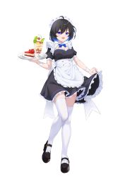 Rule 34 | 1girl, :d, absurdres, ai ke le de xiao hong, alternate costume, apron, black dress, black footwear, black hair, blue bow, blue bowtie, blue eyes, blue hair, bob cut, bow, bowtie, breasts, cake, cake slice, cleavage, dress, enmaided, food, frilled apron, frills, full body, highres, holding, holding tray, honkai (series), honkai impact 3rd, ice cream, looking at viewer, maid, maid apron, maid headdress, medium breasts, multicolored hair, open mouth, plate, seele vollerei, shoes, short hair, simple background, smile, solo, sundae, thighhighs, tray, white background, white thighhighs