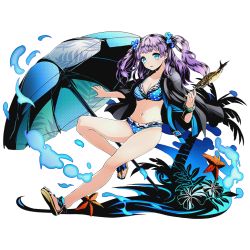 Rule 34 | 10s, 1girl, bikini, blue bikini, blue eyes, blue nails, bracelet, breasts, cleavage, collarbone, divine gate, frilled bikini, frills, full body, hair ornament, jewelry, long hair, looking at viewer, nail polish, official art, purple hair, solo, striped, swimsuit, transparent background, twintails, ucmm
