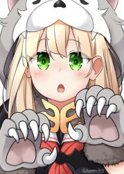 Rule 34 | 1girl, absurdres, black ribbon, black serafuku, blonde hair, chestnut mouth, commentary request, curled fingers, dakappa, green eyes, hair flaps, hair ornament, hair ribbon, highres, kantai collection, long hair, looking at viewer, neckerchief, open mouth, red neckerchief, ribbon, round teeth, school uniform, serafuku, solo, teeth, twitter username, upper teeth only, wolf hood, yuudachi (kancolle)