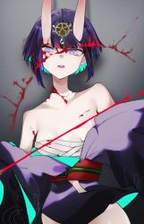 Rule 34 | 1girl, absurdres, bare shoulders, blood, bob cut, breasts, collarbone, eyeliner, fate/grand order, fate (series), headpiece, highres, horns, japanese clothes, kimono, long sleeves, looking at viewer, makeup, oni, open mouth, purple eyes, purple hair, purple kimono, san (harutuki 3), sarashi, short hair, shuten douji (fate), skin-covered horns, small breasts, solo, wide sleeves