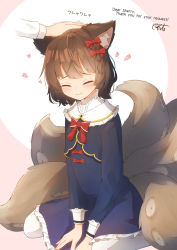 Rule 34 | 1girl, 1other, animal ear fluff, animal ears, black jacket, blue dress, blush, bow, brown hair, character name, closed mouth, commentary request, coreytaiyo, cropped jacket, dated, dress, closed eyes, fox ears, fox girl, fox tail, frilled dress, frills, hair bow, headpat, heart, highres, jacket, kitsune, original, pantyhose, pink background, red bow, signature, sitting, smile, suction cups, tail, translation request, two-tone background, wariza, white background