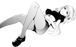 Rule 34 | 1girl, blush, breasts, earbuds, earphones, greyscale, long hair, looking at viewer, lying, medium breasts, monochrome, on back, original, panties, pantyhose, parted lips, simple background, smile, solo, tomohiro kai, underwear, white background