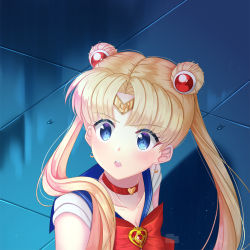 Rule 34 | 1girl, bishoujo senshi sailor moon, bishoujo senshi sailor moon s, blonde hair, blue eyes, blue sailor collar, bow, bowtie, breasts, brooch, choker, circlet, cleavage, collarbone, crescent, crescent earrings, derivative work, double bun, earrings, floating hair, hair bun, hair intakes, hair ornament, heart, heart brooch, heart choker, jewelry, long hair, making-of available, meme, open mouth, orihimestudio, red bow, red bowtie, red choker, sailor collar, sailor moon, sailor moon redraw challenge (meme), sleeveless, solo, twintails, upper body, very long hair, watermark