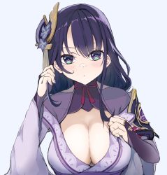 Rule 34 | 1girl, blunt bangs, blush, breasts, cleavage, genshin impact, hair ornament, hand in own hair, highres, japanese clothes, kimono, large breasts, looking at viewer, mole, mole under eye, purple eyes, purple hair, raiden shogun, seseri7th, solo, upper body, wide sleeves