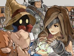 Rule 34 | 1girl, 2boys, adelbert steiner, armor, beatrix (ff9), blue coat, breasts, brown hair, chainmail, cleavage, closed mouth, coat, curly hair, eyepatch, final fantasy, final fantasy ix, fingerless gloves, gloves, glowing, glowing eyes, grey gloves, grey vest, hands on own face, hat, helm, helmet, highres, long hair, looking at another, magic, medieval, medium breasts, multiple boys, one eye covered, plate armor, plunging neckline, red gloves, swept bangs, upper body, uzutanco, vest, vivi ornitier, weapon, weapon on back, wizard hat, yellow eyes