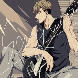 Rule 34 | 1boy, absurdres, bags under eyes, black skirt, blouse, character name, ear piercing, guitar, highres, instrument, killing stalking, looking ahead, male focus, mouth hold, muscular, muscular male, oh sangwoo, on ground, piercing, plectrum, shirt, skirt, sleeveless, sleeveless shirt, sono (sononew), undercut