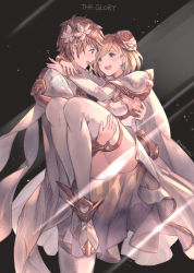 Rule 34 | 1boy, 1girl, :d, absurdres, ass, bad id, bad pixiv id, blonde hair, blush, boots, breasts, bridal gauntlets, brown eyes, brown hair, carrying, censored, commentary request, cosplay, djeeta (granblue fantasy), dress, eye contact, flower, glorybringer (granblue fantasy), gran (granblue fantasy), granblue fantasy, hair flower, hair ornament, highres, knights of glory, light censor, looking at another, medium breasts, milli little, open mouth, pants, princess carry, profile, rose, smile, standing, teeth, the glory, the glory (cosplay), thighhighs, twitter username, upper teeth only, white dress, white flower, white footwear, white pants, white rose, white thighhighs