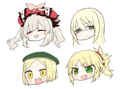 Rule 34 | 1boy, 3girls, :d, blonde hair, blush, chibi, closed eyes, closed mouth, commentary request, facing viewer, fang, fate/grand order, fate (series), fionn mac cumhaill (fate/grand order), green eyes, green hat, grey hair, hair between eyes, hair ornament, hair scrunchie, hat, highres, jako (jakoo21), looking at viewer, marie antoinette (fate), mordred (fate), mordred (fate/apocrypha), multiple girls, open mouth, paul bunyan (fate), ponytail, scrunchie, sharp teeth, simple background, smile, teeth, twintails, v-shaped eyebrows, white background