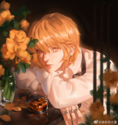 Rule 34 | 1boy, alcohol, arm pillow, black necktie, blonde hair, chain, closed mouth, collared shirt, cup, drinking glass, earrings, expressionless, flower, head on table, head rest, highres, hunter x hunter, jewelry, kurapika, long sleeves, looking at viewer, male focus, necktie, petals, qiuyanga, red eyes, ring, shirt, short hair, solo, table, vase, white shirt, wine, yellow flower