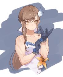 Rule 34 | 1girl, blue gloves, brown eyes, brown hair, closed mouth, collarbone, cropped torso, defender (girls&#039; frontline), eyes visible through hair, female focus, flower, girls&#039; frontline, gloves, hair ornament, highres, image sample, long hair, looking at viewer, matching hair/eyes, muscular, muscular female, pixiv sample, sleeveless, solo, toned, upper body, yellow flower, zzzearly