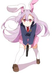 1girl animal_ears blue_jacket blush breasts brown_footwear buttons closed_mouth collared_jacket collared_shirt commentary_request crescent crescent_pin gun hair_between_eyes highres holding holding_weapon jacket light_purple_hair long_hair long_sleeves looking_at_viewer medium_breasts necktie pink_skirt purple_hair rabbit_ears red_eyes red_necktie reisen_udongein_inaba sasaki_sakiko shadow shirt shoes simple_background skirt solo standing thighhighs touhou v-shaped_eyebrows weapon white_background white_shirt white_thighhighs