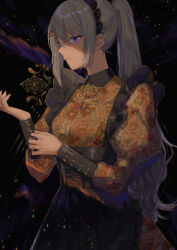 Rule 34 | 1girl, absurdres, adjusting clothes, alternate costume, apron, black apron, black background, brooch, brown dress, closed mouth, collared dress, cowboy shot, cuff links, dress, enmaided, floral print, grey hair, hair ornament, hairclip, highres, higuchi kaede, jewelry, juliet sleeves, light particles, long hair, long sleeves, looking at viewer, maid, maid apron, maid headdress, nijisanji, ponytail, print dress, profile, puffy sleeves, purple eyes, rose print, sidelocks, sideways glance, solo, standing, suwada, virtual youtuber