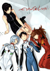 Rule 34 | 1boy, 23 (real xxiii), 3girls, age difference, arm support, ayanami rei, bare arms, bare legs, bare shoulders, black dress, black footwear, black hair, blue bodysuit, bodysuit, boots, breasts, brown hair, closed eyes, closed mouth, copyright name, cross, cross necklace, double holding hands, dress, eyebrows hidden by hair, hair between eyes, harem, highres, holding hands, ikari shinji, interface headset, jewelry, katsuragi misato, lap pillow, lips, long hair, lying, medium breasts, multiple girls, necklace, neon genesis evangelion, older woman and younger girl, older woman and younger man, on back, on floor, on side, open mouth, parted bangs, parted lips, pimp, plugsuit, red bodysuit, shade, shadow, short dress, short hair, silver hair, sitting, skin tight, sleeping, sleeveless, sleeveless dress, sleeveless turtleneck, small breasts, souryuu asuka langley, turtleneck, turtleneck dress, watch, white bodysuit, wristwatch, yokozuwari