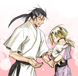Rule 34 | 1girl, 2boys, baby, black hair, blonde hair, carrying, child carry, closed eyes, family, fan gamma bizen, father and son, kaiouki, maia swall ontanella, mother and son, multiple boys, aged up, ponytail, shiga sumito, smile, spoilers