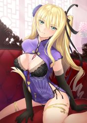 Rule 34 | 1girl, absurdres, aqua eyes, arm support, black gloves, black panties, blonde hair, blush, breasts, china dress, chinese clothes, cleavage, clothing cutout, couch, dress, elbow gloves, gloves, hair ornament, head tilt, highres, indoors, jin-lian (tony taka), long hair, medium breasts, original, panties, parted lips, shiny skin, short dress, side ponytail, simple background, sleeveless, solo, thigh strap, thighs, tony taka, underwear