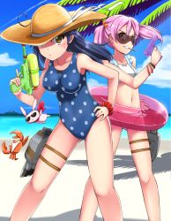 Rule 34 | 10s, 2girls, bandaid, bandaid on face, beach, bikini, blue eyes, breasts, cleavage, clenched teeth, collarbone, crab, from side, gluteal fold, hair bobbles, hair ornament, hand on own hip, hat, hat over one eye, impossible clothes, impossible swimsuit, kantai collection, looking at viewer, midriff, multiple girls, navel, one-piece swimsuit, pink eyes, pink hair, polka dot, polka dot swimsuit, pouty lips, rabbit, sazanami (kancolle), scrunchie, short hair, short twintails, small breasts, stomach, straw hat, swimsuit, teeth, tsunaso (lack of sunlight), twintails, ushio (kancolle), water gun, wrist scrunchie, yellow eyes