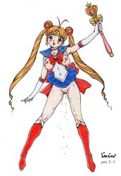Rule 34 | 1990s (style), 1girl, bishoujo senshi sailor moon, blue sailor collar, blue skirt, boots, bow, breasts, brooch, choker, dated, female focus, full body, gloves, heart, heart brooch, holding, jewelry, jinjin, knee boots, long hair, magical girl, medium breasts, miniskirt, nipples, no panties, pussy, pussy juice, red bow, retro artstyle, sailor collar, sailor moon, simple background, skirt, solo, spiral heart moon rod, tsukino usagi, twintails, uncensored, very long hair, wand, white background
