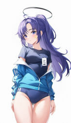 Rule 34 | 1girl, absurdres, ahoge, akagi (user khgu7328), black halo, blue archive, blue buruma, blue eyes, blue hair, blue jacket, blue shirt, blush, breasts, buruma, commentary, cowboy shot, forehead, gluteal fold, groin, gym shirt, hair intakes, halo, high ponytail, highres, id card, jacket, long hair, long sleeves, looking at viewer, mechanical halo, medium breasts, off shoulder, parted bangs, parted lips, ponytail, puffy long sleeves, puffy sleeves, shirt, simple background, solo, star (symbol), sticker on face, thick thighs, thigh gap, thighs, white background, yuuka (blue archive), yuuka (track) (blue archive)