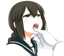 Rule 34 | 10s, 1girl, abe kanari, bad id, bad nijie id, black hair, blush, braid, finger in another&#039;s mouth, gloves, isonami (kancolle), kantai collection, long hair, open mouth, oral invitation, school uniform, serafuku, solo focus, tears