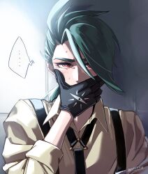 Rule 34 | ..., 1girl, black gloves, black necktie, bright pupils, collared shirt, commentary request, covering own mouth, creatures (company), earrings, game freak, gloves, green hair, half-closed eyes, hand up, highres, jewelry, long hair, looking at viewer, necktie, nintendo, pokemon, pokemon sv, pon (ponymmtknsk), red eyes, rika (pokemon), shirt, signature, solo, spoken ellipsis, stud earrings, suspenders, sweat, upper body, white pupils, yellow shirt