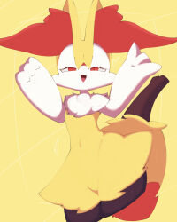 Rule 34 | 1girl, \n/, animal ear fluff, animal ears, animal nose, black fur, body fur, braixen, cowboy shot, creatures (company), cropped legs, fang, female focus, flat chest, fox ears, fox girl, fox tail, game freak, gen 6 pokemon, groin, half-closed eyes, hands up, happy, heart, highres, looking at viewer, multicolored fur, navel, neck fur, nintendo, open mouth, pokemon, pokemon (creature), red eyes, sakuyan (sakuyan1007), skin fang, smile, snout, solo, standing, stick, stomach, tail, thick thighs, thighs, white fur, wide hips, yellow background, yellow fur, yellow theme
