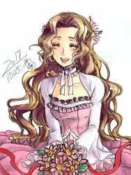 Rule 34 | 1girl, 2017, :d, bouquet, brown hair, choker, closed eyes, code geass, collarbone, curly hair, dated, facing viewer, flower, hair flower, hair intakes, hair ornament, highres, holding, holding bouquet, long hair, long skirt, long sleeves, neck ribbon, nunnally vi britannia, open mouth, pink flower, pink skirt, ribbon, roman buriki, simple background, sitting, sketch, skirt, smile, solo, very long hair, white background, white ribbon