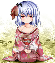 Rule 34 | 1girl, alternate costume, bad id, bad pixiv id, bare shoulders, bat (animal), bat hair ornament, blue hair, blush, breasts, cleavage, female focus, floral print, hair ornament, hair ribbon, japanese clothes, kimono, long sleeves, obi, off shoulder, red eyes, remilia scarlet, ribbon, sash, scarlet 0915, short hair, sitting, small breasts, solo, touhou, v arms, wide sleeves