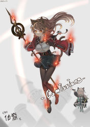Rule 34 | 2girls, animal ears, arknights, arm up, belt, black belt, black coat, black footwear, black legwear, black skirt, blue eyes, breasts, brown hair, cat ears, coat, commentary, dress, floating hair, grey background, grey hair, grey shirt, highres, holding, holding staff, jacket, long hair, medium breasts, miniskirt, mint (arknights), multiple girls, open clothes, open coat, open jacket, originium arts (arknights), pantyhose, red jacket, ret (tiiuu), shirt, shoes, single shoe, skirt, skyfire (arknights), staff, translation request, white dress, yellow eyes