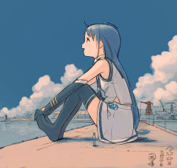Rule 34 | 1boy, 1girl, admiral (kancolle), black gloves, blue hair, cloud, commentary request, dated, day, dock, elbow gloves, from side, giant, giantess, gloves, highres, kantai collection, kokudou juunigou, long hair, outdoors, parted lips, profile, samidare (kancolle), signature, sitting, skirt, sky, sleeveless, standing, thighhighs, very long hair, water, white skirt