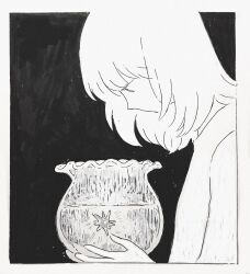Rule 34 | 1girl, black background, bowl, from side, greyscale, highres, holding, holding bowl, kgeroua, medium hair, monochrome, original, profile, solo, water