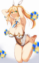 Rule 34 | 1girl, absurdres, animal ears, armpits, arms behind head, artoria pendragon (all), artoria pendragon (fate), artoria pendragon (swimsuit ruler) (fate), bare legs, barefoot, blonde hair, breasts, cleavage, collar, fake animal ears, fate/grand order, fate (series), green eyes, highres, kisaragi tsurugi, large breasts, long hair, midriff, navel, necktie, playboy bunny, poker chip, ponytail, rabbit ears, rabbit girl, rabbit tail, simple background, solo, tail, white background