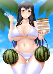 Rule 34 | 10s, 1girl, akagi (kancolle), ayato, bad id, bad pixiv id, bikini, black hair, blue sky, blurry, blush, breasts, brown eyes, cloud, curvy, day, depth of field, female focus, food, fruit, highres, kantai collection, large breasts, long hair, looking at viewer, navel, net, ramune, sky, solo, swimsuit, takoyaki, thick thighs, thigh gap, thighhighs, thighs, very long hair, watermelon, white thighhighs, wide hips, yakisoba