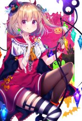 Rule 34 | 1girl, :q, adapted costume, ahoge, asymmetrical legwear, bad id, bad twitter id, bandaged arm, bandages, bat (animal), black hat, black thighhighs, blonde hair, blush, candy, commentary request, crystal, dress, fake horns, fishnets, flandre scarlet, food, gloves, half gloves, halloween, hand up, hat, highres, holding, horns, jack-o&#039;-lantern, knee up, koto seori, laevatein, long hair, looking at viewer, mini hat, mismatched legwear, one side up, puffy short sleeves, puffy sleeves, red dress, red eyes, short sleeves, silk, single glove, sitting, smile, solo, spider web, star (symbol), striped clothes, striped thighhighs, thighhighs, tilted headwear, tongue, tongue out, top hat, touhou, wings, wrist cuffs